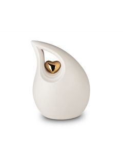 White ceramic keepsake urn 'Teardrop' with gold-coloured heart